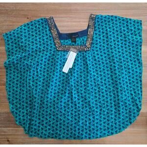 NWT Calvin Klein Jeans‎ Top Womens Large Blue Geometric Kaftan Loose Embellished
